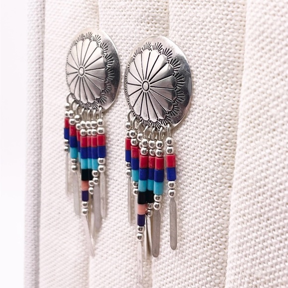 Vintage Sterling Silver Concho Fringe Earrings with Multi-Color Beads - Picture 2 of 9